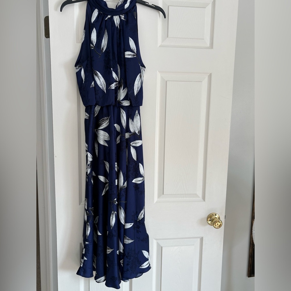 Adrianna Papell Navy and White Silky floral dress